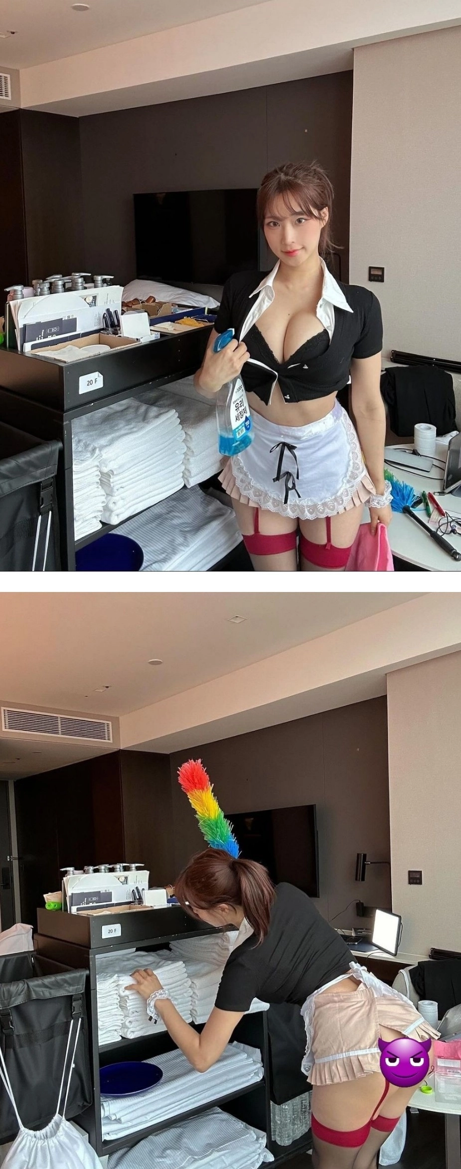 호텔 청소부 느낌의 명아츄 티팬티 가터벨트